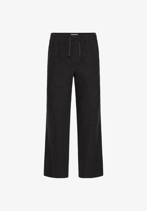 Sorte linnedbukser med løs pasform, udstyret med elastik i taljen og snøre. Glat tekstur uden mønstre eller detaljer.