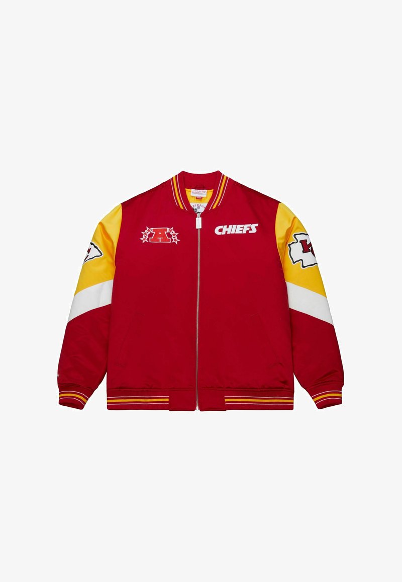 Red bomber jacket with yellow sleeves; features white and yellow stripes, logos on chest and sleeves, and ribbed cuffs and hem.