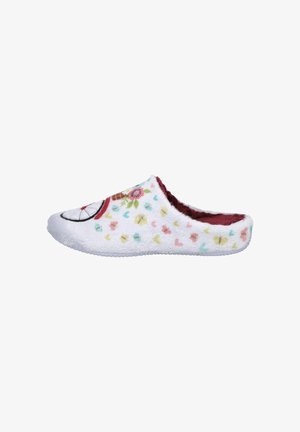 Zapatilla blanca y peluda con interior burdeos, con un patrón floral y pequeños corazones coloridos. Diseño tipo slip-on con punta redondeada.
