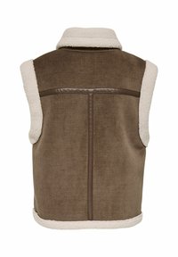 Brun kordfløjl vest med en cremefarvet fleece krave og kant, der har en glat bagside, en lynlåslukning og sidelommer.