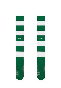 Calzini Nike a strisce verdi e bianche con strisce orizzontali e dettagli testurizzati. Presentano il logo su ciascun calzino e includono una decorazione a motivo sulla punta.
