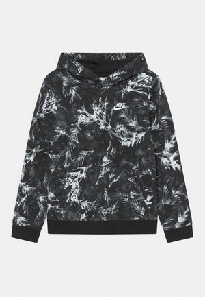 Sudadera con capucha Nike en blanco y negro con diseño tie-dye, bolsillo frontal, capucha, y puños y dobladillo acanalados, con el logo de Nike en el pecho.