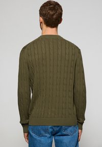 Olive green cable-knit sweater with ribbed cuffs and hem, featuring textured patterns, worn over blue jeans. Back view displayed.