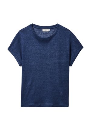 T-shirt bleu foncé à manches courtes avec bordures retroussées et encolure ronde, présenté sur un fond blanc.