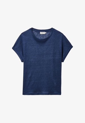 T-shirt bleu foncé à manches courtes avec bordures retroussées et encolure ronde, présenté sur un fond blanc.