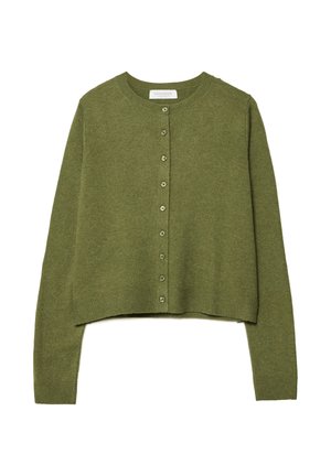 Olivgrüner, leicht taillierter Cardigan aus weichem Strickmaterial. Verfügt über einen runden Halsausschnitt, eine Knopfverschluss vorne und gerippte Bündchen sowie einen gerippten Saum.