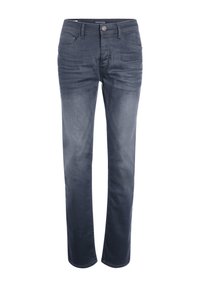 Granatowe dżinsy w stylu straight-leg, pięciokieszeniowe, z subtelnymi przetarciami i pomarańczowymi akcentami na szwach. Gładki pas ze zapięciem na guzik.