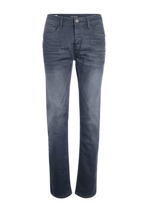 Jeans de mezclilla azul oscuro con corte recto, diseño de cinco bolsillos, un ligero desgastado y detalles de costura en naranja. Cintura lisa con un botón.