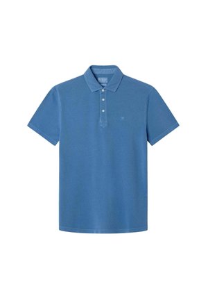 Blaues Poloshirt aus weicher Baumwolle, mit einer Knopfleiste mit drei Knöpfen, kurzen Ärmeln und einem kleinen Logo, das auf der Brust gestickt ist.