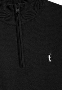 Svart zip-up tröja med ribbad krage, med en liten vit golfare-logotyp. Tillverkad av mjukt, texturerat tyg och framhäver en slank design.