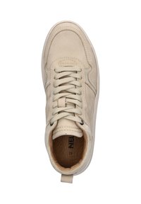 Beige leather sneaker with round toe, textured upper, six eyelets, and flat laces. Soft inner lining and pull tab at the heel.