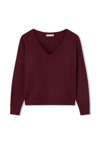 Maglione bordeaux a maglia con scollatura a V, maniche lunghe e polsini a coste. Tessuto morbido con una vestibilità comoda e orlo dritto.