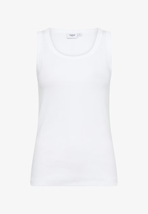 Fehér, bordázott anyagból készült ujjatlan, kerek nyakú tank top. Jellemzője a nyaknál található márkajelzés és a testhez simuló fazon.