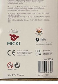 Papirde emballage med hvid baggrund, tekst på flere sprog, rødt bjørne-logo, produktdimensioner: 51 x 27 x 55 cm, stregkode og sikkerhedssymboler.