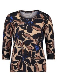 Wielokolorowa kwiatowa bluzka z okrągłym dekoltem, rękawami o długości 3/4 oraz beżowym, czarnym, niebieskim i brązowym wzorem na miękkim materiale.