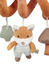 Soft plush fox toy with striped green overalls hanging from an orange fabric spiral bar, alongside a green teether and a mushroom-shaped plush.