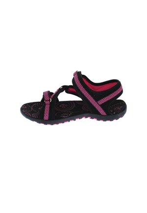 Sandale noire et rose à bout ouvert avec des sangles réglables et une semelle à motifs, conçue pour un usage décontracté ou actif.
