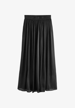Czarna spódnica do kolan wykonana z lekkiego, przewiewnego materiału, z marszczonym, elastycznym pasem i gładką, błyszczącą fakturą.