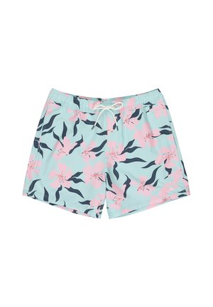 Costume da bagno corto azzurro chiaro con motivo floreale rosa, foglie verde scuro e coulisse bianca in vita elastica.