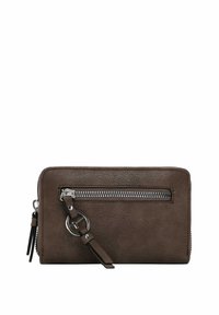 Brown leather wallet with a textured exterior, front zipper pocket, silver hardware, and a detachable strap featuring a circular ring.
