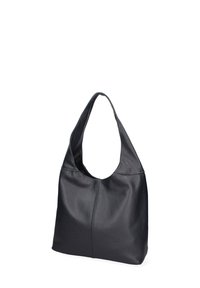 Zwarte leren hobo tas met een zachte textuur, enkele schouderband en opvallende stiksel details aan de voorkant, en biedt een ruime binnenkant.