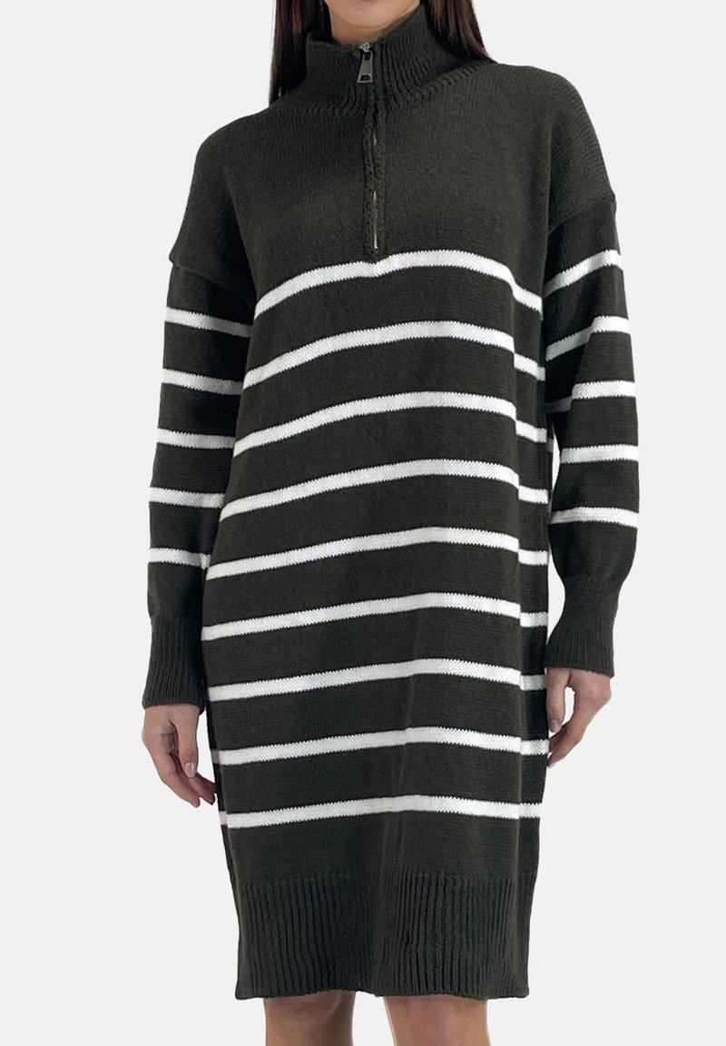 Gestricktes Pulloverkleid in Dunkelgrün mit horizontalen weißen Streifen. Verfügt über einen Reißverschlusskragen sowie gerippte Bündchen und Saum.