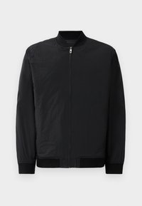Black bomber jacket featuring a zip closure, ribbed cuffs, and a smooth, lightweight fabric with a matte finish.
