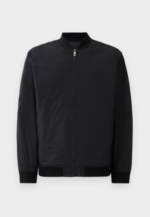 Black bomber jacket featuring a zip closure, ribbed cuffs, and a smooth, lightweight fabric with a matte finish.