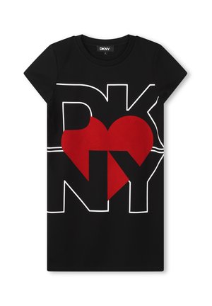 Schwarzes T-Shirt mit kurzen Ärmeln, großen weißen umrandeten Buchstaben "DKNY" und einem roten Herz, das vorne zwischen den Buchstaben integriert ist.
