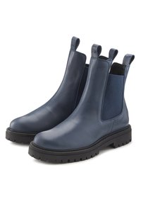 Marineblaue Chelsea-Stiefel aus glattem Leder mit elastischen seitlichen Einsätzen, Schlaufen zum Anziehen und robusten schwarzen Gummisohlen mit Profil.