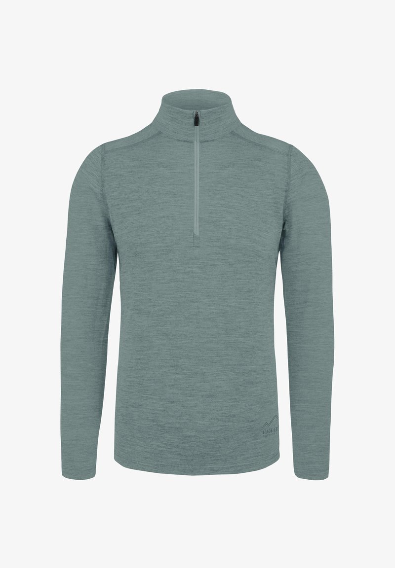 Hellgrauer Langarmpullover mit einem halben Reißverschluss am Kragen, weichem Material und subtiler melierter Musterung. Mit einem Logo am unteren linken Rand.