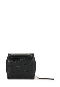 Fekete bőr tárca krokodilbőr textúrával, cipzáras zárással és aranyszínű cipzárhúzóval. Kompakt, négyzet alakú forma sima, fényes felülettel.