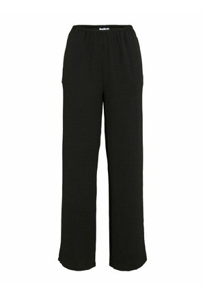Pantaloni larghi neri con vita elastica, realizzati in tessuto strutturato. Presentano una vestibilità comoda e tasche laterali per maggiore praticità.