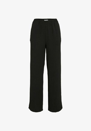 Black wide-leg trousers with an elastic waistband, made of textured fabric. Features a relaxed fit and side pockets for convenience.