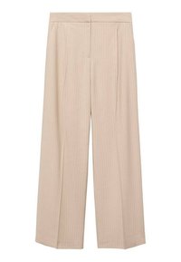 Pantalons beige à larges jambes avec de délicates rayures verticales, taille haute et fermeture frontale dissimulée, posés à plat sur un fond blanc.