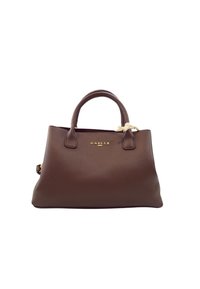 Borsa a mano in pelle marrone con due manici arrotondati, logo dorato "GAËLLE PARIS" e un piccolo nodo di tessuto beige attaccato vicino al manico.