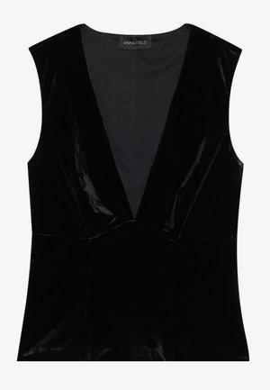 Must mustril sleeveless top, mille sügava V-kaelusega ja kohandatud istuvusega, horisontaalsete õmblustega vöökohal ja siledast sisemusest.