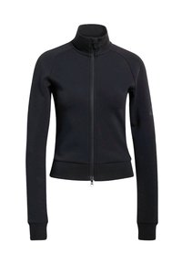 Crna jakna na patentni zatvarač s visokim ovratnikom, rebrastim manžetnama i rubom. Ima glatku teksturu i prilagođeni kroj, pogodna za sportsku odjeću.