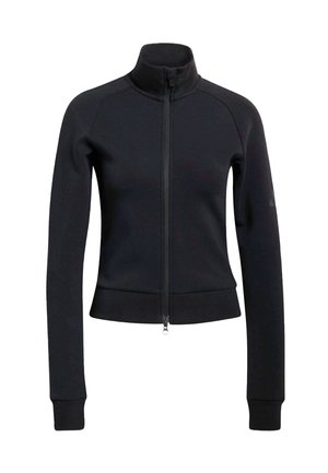 Schwarze Reißverschlussjacke mit hohem Kragen, gerippten Bündchen und Saum. Sie zeichnet sich durch eine glatte Textur und eine taillierte Passform aus und ist für sportliche Aktivitäten geeignet.