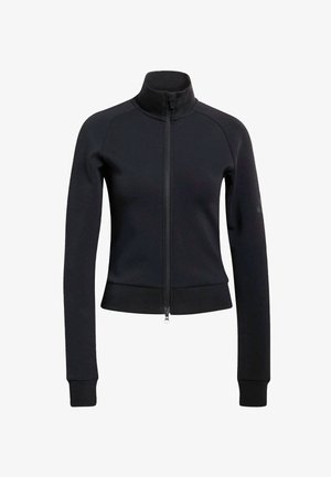 Schwarze Reißverschlussjacke mit hohem Kragen, gerippten Bündchen und Saum. Sie zeichnet sich durch eine glatte Textur und eine taillierte Passform aus und ist für sportliche Aktivitäten geeignet.