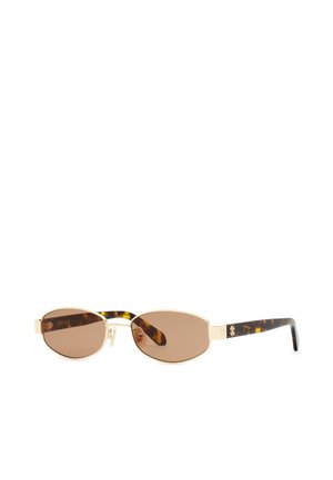 Lunettes de soleil ovales avec des verres marron, une monture en métal doré et des branches à motif écaille avec un petit emblème doré sur le côté.