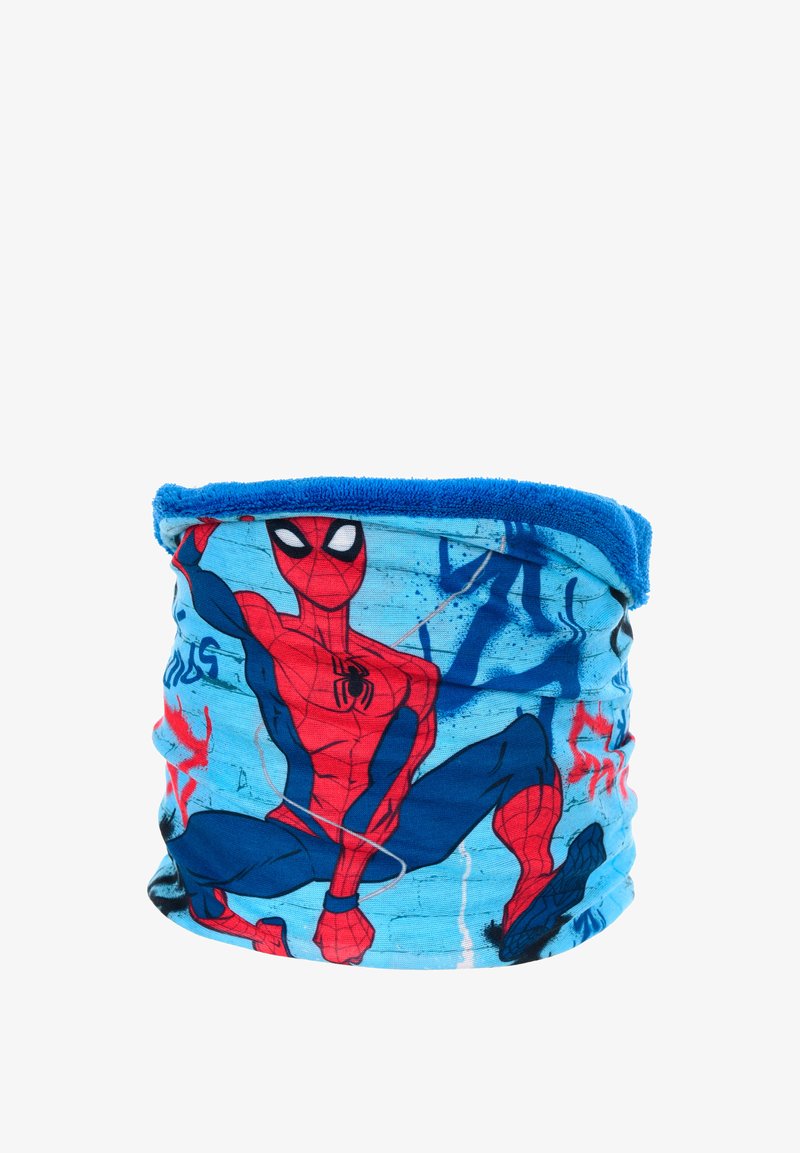 Multifunctionele halsdoek met een blauwe basis, een Spider-Man ontwerp en zacht, rekbaar materiaal voor comfortabel dragen.