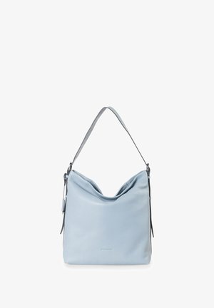 Light blue leather shoulder bag with a soft, slouchy design. Features a single adjustable strap and subtle branding on the front.