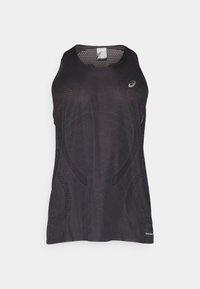 Camiseta sin mangas deportiva negra con un patrón texturado. Presenta un cuello redondo y una tela transpirable. Logotipo visible en el lado izquierdo del frente.