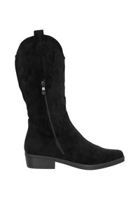 Schwarze Wildleder-Stiefel bis zum Knie mit spitzem Zehenbereich, seitlichem Reißverschluss und bestickten Details am Schaft. Strukturierte Oberfläche und niedriger Blockabsatz.