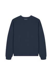 Sweatshirt bleu marine en tissu doux, avec un col rond et des poignets et un ourlet côtelés. Design simple et uni sans motifs.
