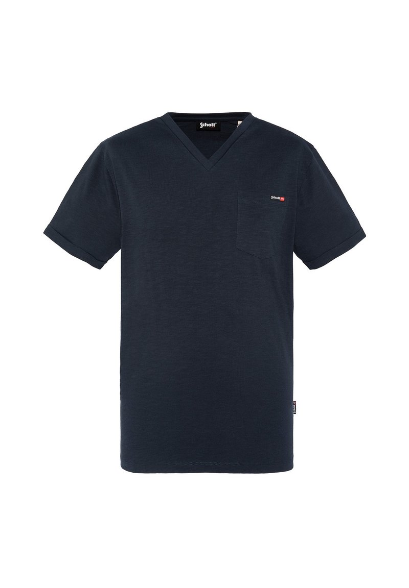 Granatowa krótki rękaw T-shirt V-neck wykonany z bawełny, z kieszonką na lewej piersi i metką z logo po boku. Teksturowana tkanina.