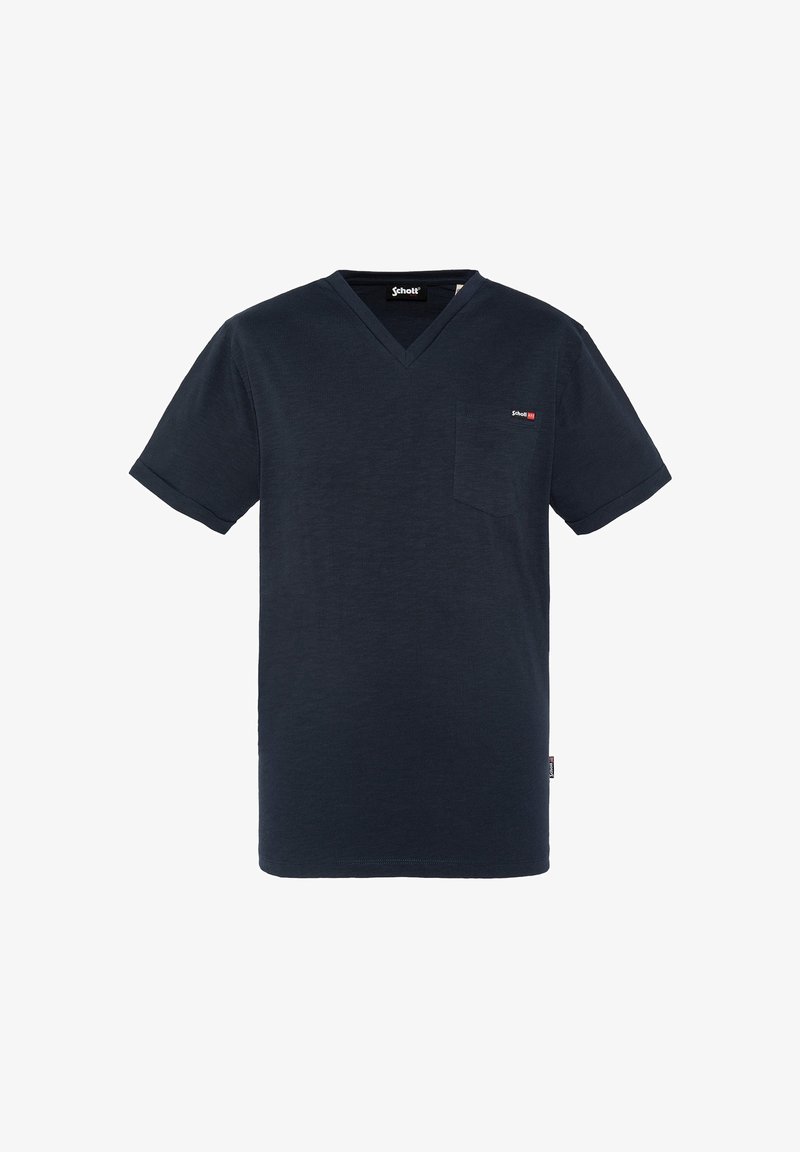 T-shirt en coton bleu marine à manches courtes et col en V, doté d'une poche sur la poitrine gauche et d'une étiquette logo sur le côté. Tissu texturé.