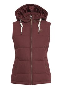 Gilet sans manches bourgogne rembourré avec capuche, présentant une fermeture éclair à l'avant, deux poches latérales et des cordons de serrage sur la capuche.