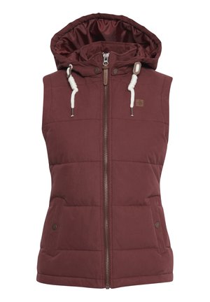 Gilet sans manches bourgogne rembourré avec capuche, présentant une fermeture éclair à l'avant, deux poches latérales et des cordons de serrage sur la capuche.